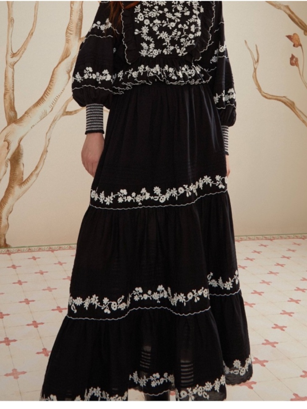 FARM Rio Black Maxi Skirt with White Floral Embroidery